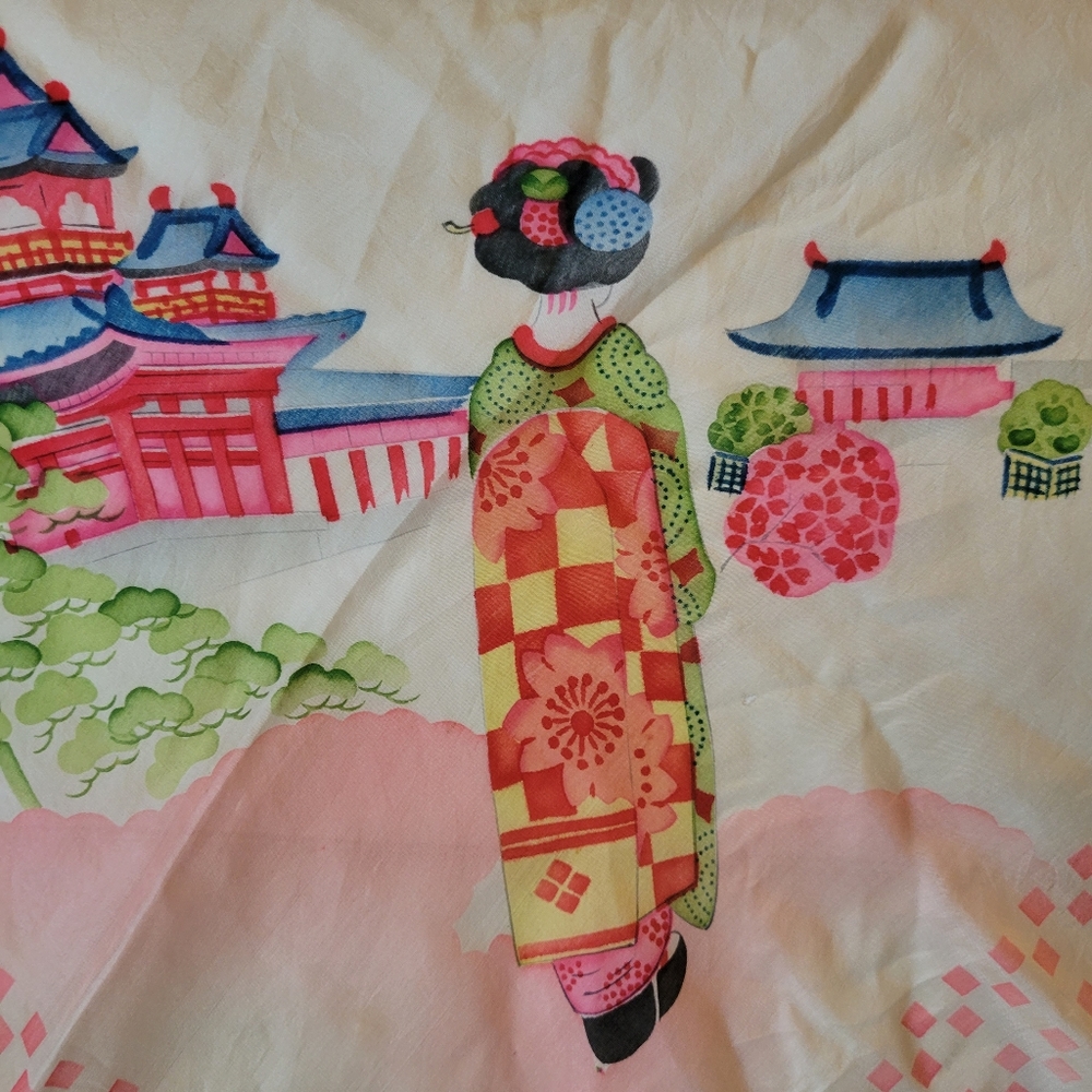 Lovely Colorful Vintage Silk Handkerchief ~ Japan ~ Geisha ~ Pagoda ~ Pretty!